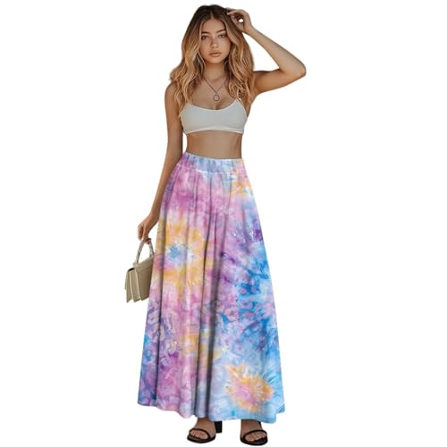 Womens Long Skirts Casual Hig Waisted Elastic Band A Line Ruffle Swing Skirt with Pockets Size S-2XL4