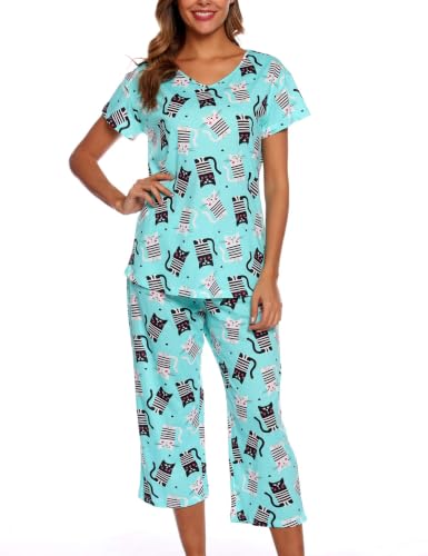 Image of ENJOYNIGHT Womens Pajama Sets Cotton Pj Set Short Sleeve Top With Capri Pants Sleepwear 2 Piece Lounge Set