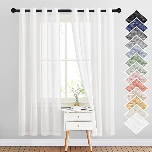 NICETOWN White Sheer Linen Curtains Flax Texture for Bedroom, Vintage Grommet Top Semitransparent Privacy Window Treatment Light Filtering for Living Room / Flat, W52 x L72, Set of 2
