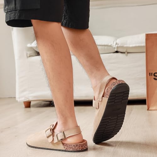 Image of Women's Suede Clogs with Back Strap Men's Cork Footbed Leather Mules Clogs for Women Comfort Memory Foam Slingback Clog Sandals with Adjustable Buckle Slip on Potato Shoes