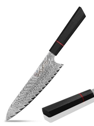 Plys Couteau de Cuisine Damas : Couteau de Chef Japonais, Lame de 20 Cm, Noyau Tranchant en Acier Vg10, 67 Couches d'Acier Damas Forgé, Manche Octogonal G10, Avec Coffret Cadeau