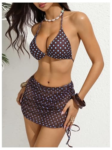 Image of RoseSeek Women's 4 Piece Polka Dots Bathing Suits Cover Up Skirt & Bandana