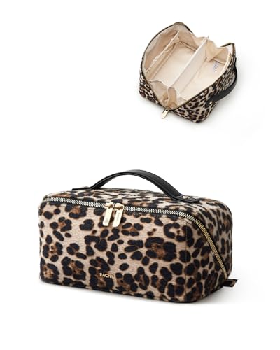Image of EACHY Travel Makeup Bag, Large Capacity Cosmetic Bag for Women, Waterproof PU Leather, Flat Open Portable Toiletry Bag for Skincare, Brushes & Travel Essentials