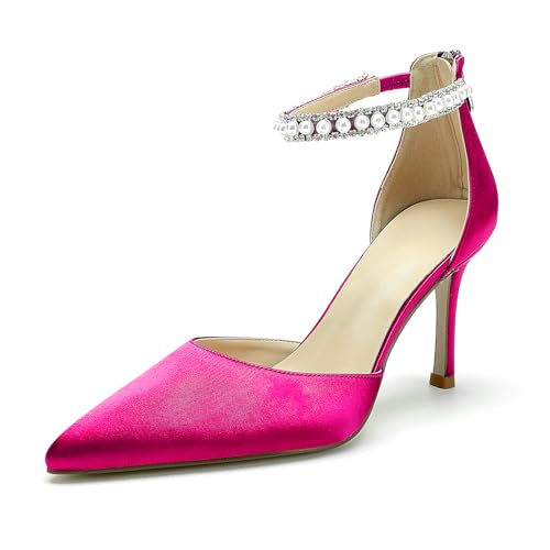 Image of Pointed Toe Pearl Wedding Shoes for Bride White High Heels Satin Bridal Shoes Zipper Back Evening Party Dance Dresses Shoes Pumps for Women