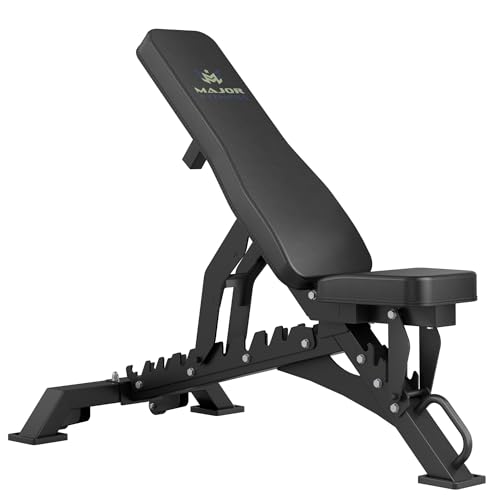 MAJOR FITNESS heavy-duty weight bench in matte black powder coat on a heavy-duty rubber gym mat in a garage gym, the triangular-truss frame design clearly visible at the base with cross-bracing under the seat, the 31.5-inch backrest set to flat position with 2.5-inch padding thickness visible at the edge profile, the C-shaped lock catch mechanism showing the adjustment levers at the rear of the backrest, the 36-position angle indicator marked along the adjustment rail, an Olympic barbell resting in J-cups on a power rack behind the bench -- the heavy-duty platform pick for strong intermediate and advanced lifters at the 1300 lb capacity ceiling.