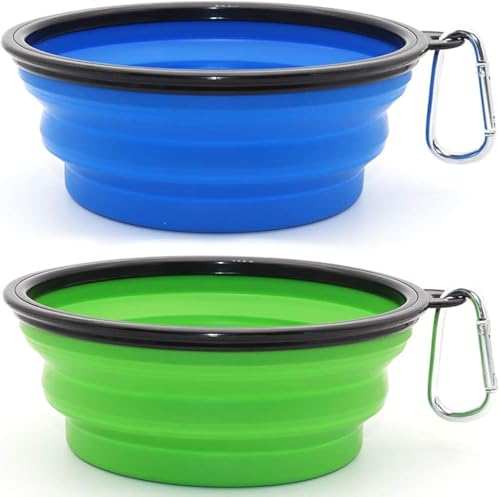 Image of SLSON Silicone Collapsible Dog Bowl,2 Pack Collapsible Dog Water Bowls for Cats Dogs,Portable Pet Feeding Watering Dish for Walking Parking Traveling with 2 Carabiners (Large,Large Blue+Green)