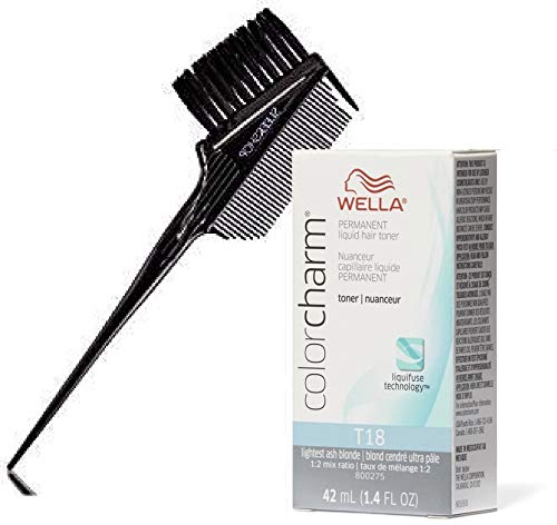 T18 Lightest Ash Blonde, Wella COLOR CHARM Permanent LIQUID HAIR TONER, White Lady (w/ Sleek 3-in-1 Comb/Brush) Haircolor Toning Liquifuse, 1:2 Mix Ratio Hair Color DYE (T-18 (PACK OF 2))