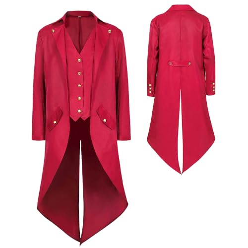 YQVGFBY Abrigo gótico steampunk para hombre, chaqueta medieval victoriana vintage, uniforme largo, esmoquin renacentista, pirata, vampiro, fiesta, cosplay, disfraces para adultos y hombres, rosso, S