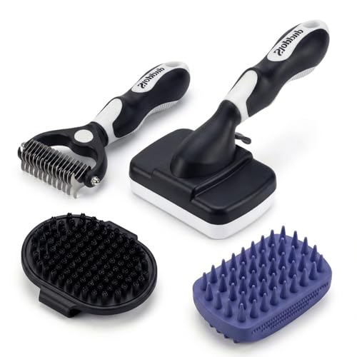 PETIMP STORE 4PCS Self Cleaning Slicker Brush, Pet Grooming Rake, Bath Brush & Massage Brush for Short/Long Haired Dogs, Cats & Horses, Pet Grooming Deshedding Tools - Pet Supplies (White Black)