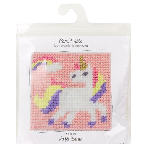 Com' 1 idée Kit Canevas Complet La Fée Licorne 15 x 15 Enfant Gros Trous