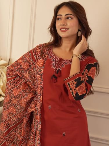 Image of Red Cotton Suit with Embroidered Design and Printed Dupatta, Traditional Indian Ethnic Wear for Women