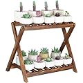 Tovacu Wood Plant Stand Indoor Outdoor 2 Tiers Flower Stand Corner Stepped Planter Shelf Rack Flowerpot Holder for Plant Display in Patio Balcony Entryway Porch Livingroom (Classic X-Cross Design)