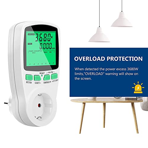 Foto von JHEUAYK Stromzähler für Steckdose, Energiekostenmessgerät Steckdose, mit Überlastungsalarm, LCD Bildschirm Hintergrundbeleuchtung, Stromzähler zur Messung Mini-PV-Anlage Mini-Solaranlage