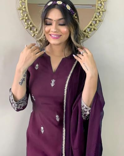 Image of Women Premium Collection Rayon Embroidered Straight Kurta Pant Dupatta Festive Ethnic Apparel Set