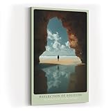 Figurine sur la plage dans un cadre rocher avec vue sur la mer, imprimée sur toile et tendue sur un cadre en bois véritable, idéale pour aménager une pièce calme et méditative