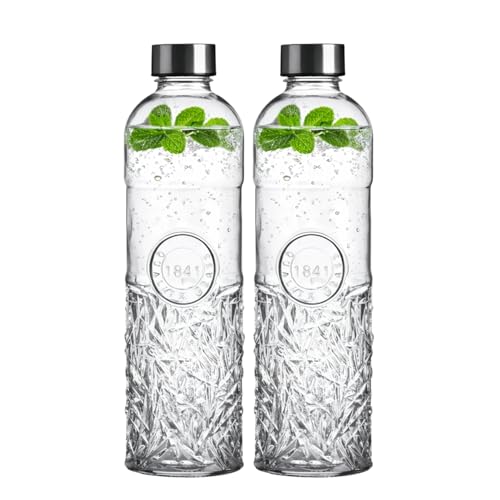 Seaside No.64 - Glasflasche Wasserflasche Trinkflasche Karaffe Blumenvase - transparent Retro Vinatge - 1L luftdichter Schraubverschluss auslaufsicher - Umweltfreundlich (2x Rautenmuster)
