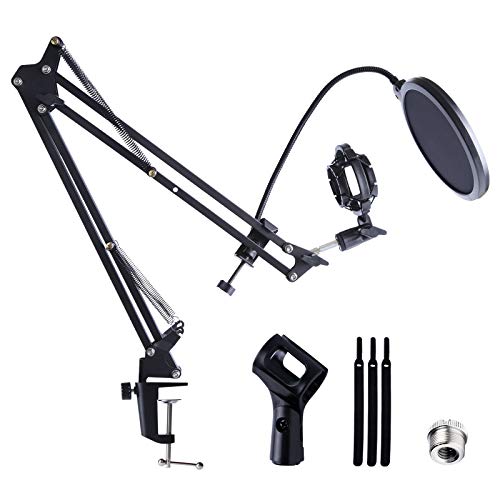 TOOSUN Microphone Arm Stand, Adjustable Suspension Boom Scissor Arm with Pop Filter, Shock Mount, 3/8" to 5/8" Adapter, Mic Clip, Heavy Duty Mic Stand for Blue Yeti Snowball Nano Ice and Other Mics