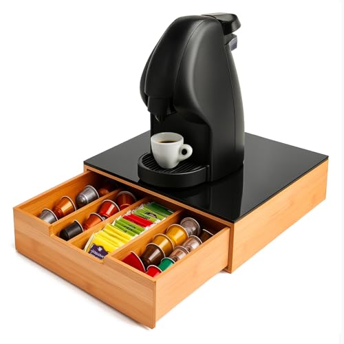 PARAMAISON Portacialde in Bambù | Cassetto Porta Capsule per Nespresso, Dolce Gusto o Lavazza | Organizer per Caffè, Tè e Tisane | Design Salvaspazio con Base Nera