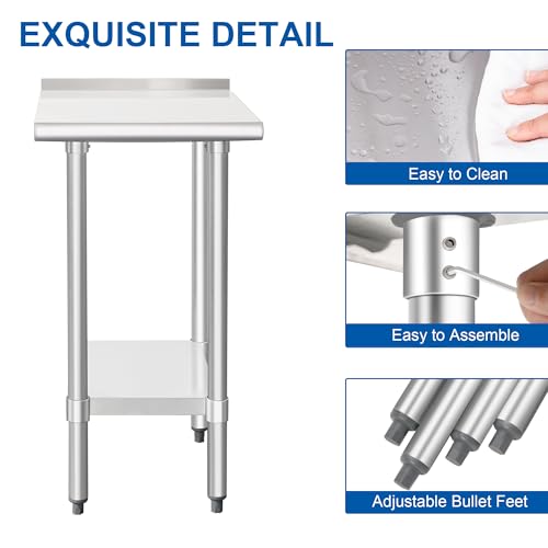 Image of HARDURA Stainless Steel Commercial Work Table Prep Work Metal Table 24x18 Inches with Undershelf and 2 inch Backsplash Heavy Duty NSF 430 for Kitchen Food Prep