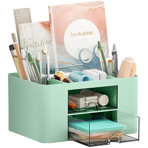 Marbrasse Pen Organizer with 2 Drawer, Multi-Functional Pencil Holder for Desk, Desk Organizers and Accessories with 5 Compartments + Drawer for Office Art Supplies (Green)