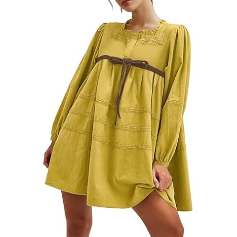 MISSACTIVER Women Long Puff Sleeve Flowy Mini Dress Cute Bow Tie Front Babydoll Dress Trendy Embroidered A-line Tunic Dresses Green Cover