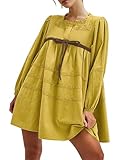 MISSACTIVER Women Long Puff Sleeve Flowy Mini Dress Cute Bow Tie Front Babydoll Dress Trendy Embroidered A-line Tunic Dresses Green
