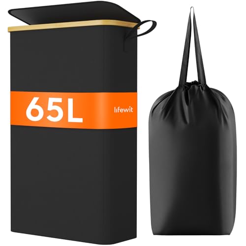 Lifewit Cesto Ropa Sucia Estrecho con Tapa 65L, Cesto de Ropa Plegable con Bolsa Extraíble y Asa, Cesta Ropa Sucia de Bambú, Cubo de Ropa para Dormitorio, Baño, Lavandería, Dormitorio, Negro
