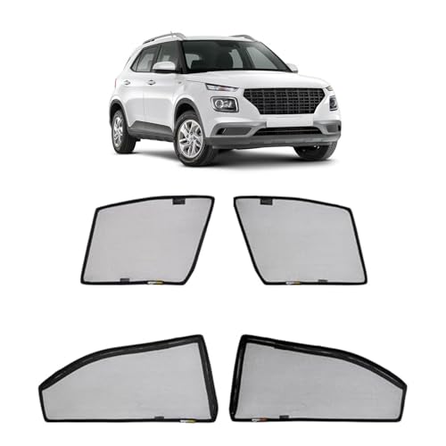 Image of Amazon Basics Side Window Sun Shade for Hyundai Venue (2025 Onwards) - Front Half Cut + Rear Zipper | Custom-Fit Magnetic Car Curtains | Black | Pack of 4 Pcs | Cotton Mesh
