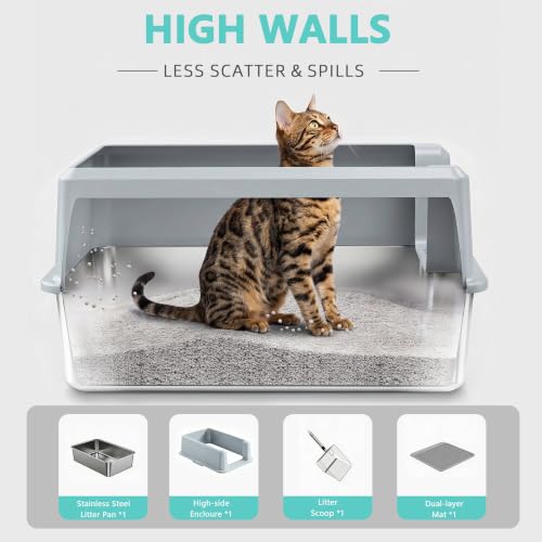 Image of WoofiGo Stainless Steel Cat Litter Box with Lid, XL Extra Large Metal Kitty Litter Box Enclosed for Big Cats, High Sided, Anti-Urine Leakage, Non-Stick Bottom, Include Litter Mat & Metal Scoop (Gray)
