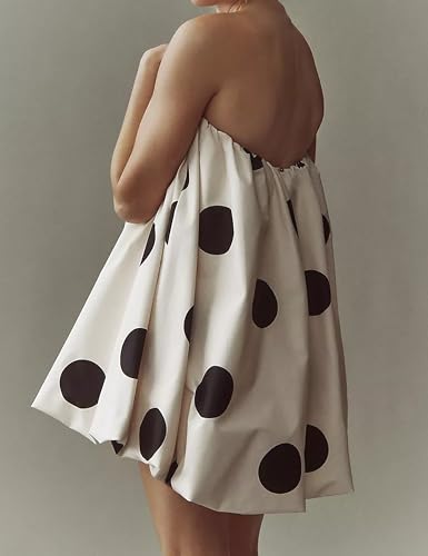 Meladyan Women’s Polka Dot Bubble Mini Dress Strapless Backless Loose Fit Tube Dress Elegant Pleated Elastic Beach Dress3