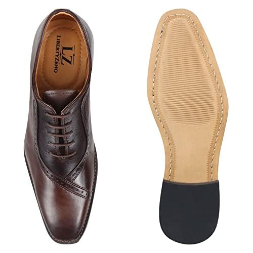 Image of LIBERTYZENO Mens Burnished Toe Genuine Leather Adults Lace Up Oxford Dress Shoes for Easter Gift