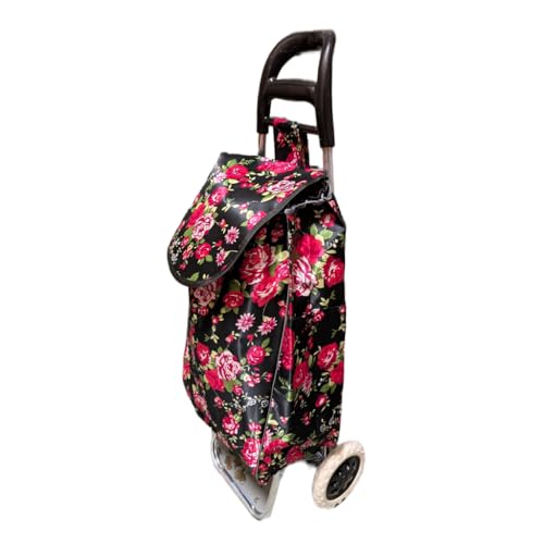 Faltbarer leichter Einkaufstrolley mit Blumenmuster - 2-Rad wasserdichte Einkaufstasche mit Reißverschlusstasche hinten & Seitentaschen - 50 x 35 x 20 cm (Schwarz) – Bild 3