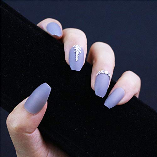 I.ME 24 PCS&12 Sizes Matt Grey Color 3D Press on False Nails Custom Shimmer Shiny Rhinestones Decoration Pointed Coffin Shape Ballerina Fake Nails (TJP820-Y5-B1)