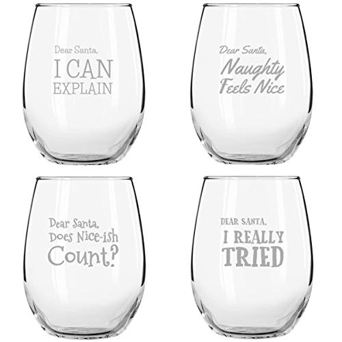 Dear Santa Funny Christmas Stemless Wine Glass (Set Of 4) - 15 Oz - Naughty, Cheerful Holiday Party Cups- Gift Exchange Idea To Celebrate X'mas #TOP3
