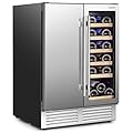 COSTWAY Wine and Beverage Refrigerator, 24 Inch Dual Zone Under Counter Wine Beverage Cooler with Lock, Stainless Steel Door, Built-in & Freestanding Wine Fridge Holds 19 Bottles and 57 Cans