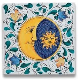 Hand Painted Sun and Moon Square Tile from Italy