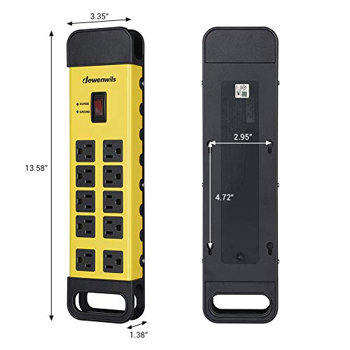 Dewenwils 10-Outlet Metal Surge Protector Power Strip With 15Ft Cord, Flat Plug, 15A Circuit Breaker, 1440Joules, Heavy Duty Industrial Power Strip For Garage, Workshop, Wall Mountable, Ul Listed #TOP6