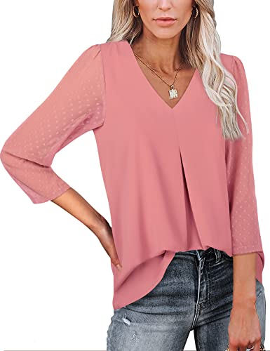 Messic Work Blouse Chiffon Womens Blouses Dressy 3/4 Sleeve Summer Designer Blouses V Neck Elelegant Chiffon Tunic Tops Flattering Cute Versatile Top For Office Workwear Sheer Tops,Carmine,Xx-Large #TOP2