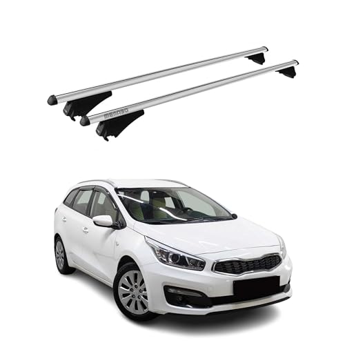 Menabo - Baca básica compatible con Kia Ceed Sportswagon 2012-2018, aluminio, 75 kg, plata, 2 piezas, para portabicicletas, cajas de techo, portaesquís, con cerradura