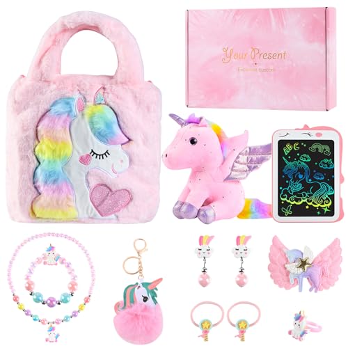 Unicornio Niña Regalo para 4 5 6 7 8 9 10 Años, Euakee Unicornio Juguete Regalos Cumpleaños, Muñeca Unicornio, Tableta Unicornio, Set de Joyas, Bolsa de Peluche, Colgante de Peluche (Rosa)