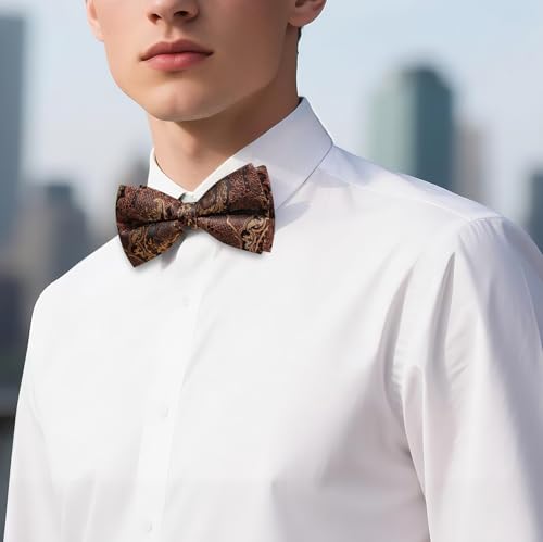 Image of Barry.Wang Paisley Striped Bow Tie for Men Silk Pre-Tied Bowtie Pocket Square Cufflinks Set Formal Wedding Party Prom
