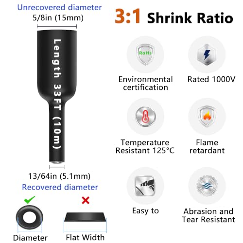 Image of 5 /8 inch Heat Shrink Tubing, 33 Ft 3:1 Ratio Adhesive Lined Heat Shrink Tube Roll, Marine Grade Waterproof Shrink Tubing for Automotive and Electrical Industrial Black