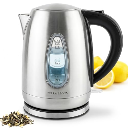 BELLA EPOCA Bollitore Elettrico 1.7L – Acciaio Inox 304 Spazzolato, 2200W, Silenzioso, Doppio Livello Acqua, Filtro Anticalcare, Base Girevole 360°, Spegnimento Automatico – Argentum Family