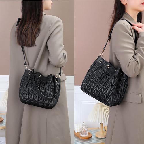 DORIS&JACKY Lambskin Drawstring Bucket Purse For Women Designer Leather Quilted Shoulder Handbags With Two Straps2