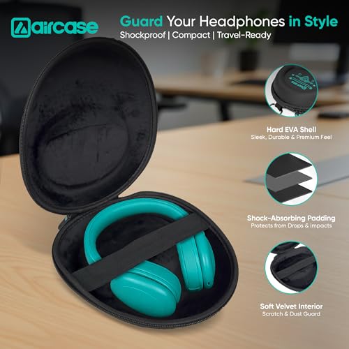 Image of AirCase EVA Hard Shell Headphone Carrying Case for Over-Ear Headphones | Shockproof, Water-Repellent, Anti-Pressure Travel Protective Pouch with Carabiner Hook - Universal Fit (Black)