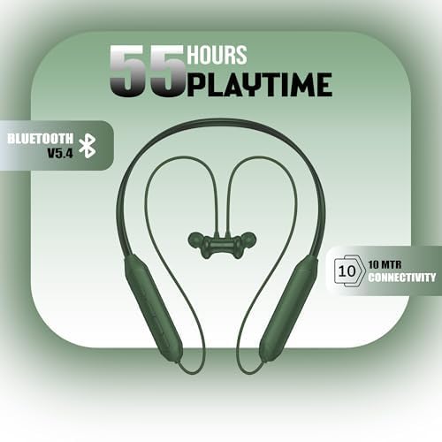 Image of Kratos Green Bluetooth Neckband with 55H Playtime, Deep Bass, Stereo Sound, HD Calls, Magnetic Earbuds, Voice Assistant, Type-C Fast Charging, Rich Audio, Hollow Switch for Comfort & Style