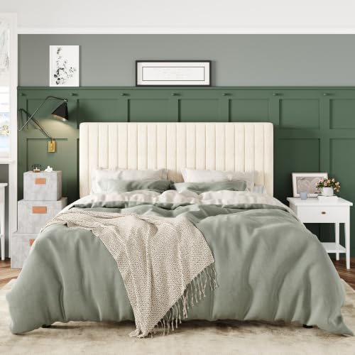 Image of Allewie Full Bed Frame, Upholstered Platform Bed with Adjustable Vertical Channel Tufted Headboard, Mattress Foundation with Strong Wooden Slats, Box Spring Optional, Easy Assembly, Chenille White