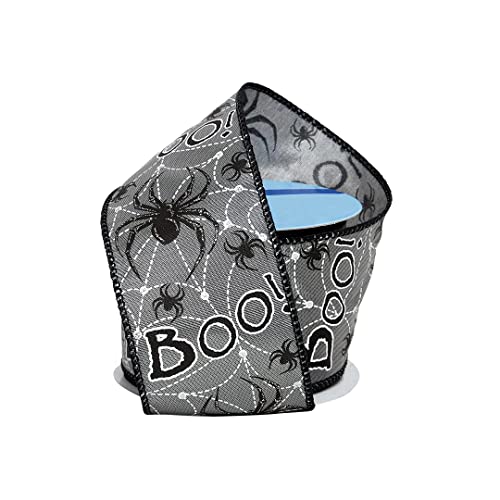 Image of Boo! Spiders Halloween Wired Ribbon - 2 1 /2 inch x 10 Yards, Gray & Black, White Webs, Bows, Wreath, Party Decor, Gift Basket, Classroom, Office, Haunted House