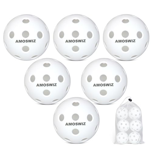 Amoswiz Indoor Pickleball Bälle, 6 Pack 26 Löcher Pickleballs, Weiß Indoor Pickleballs Set, Hohe Sichtbarkeit Langlebige Pickle Balls für Training und Turnier