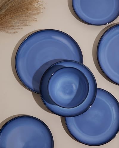 Image of Pokini Blue Stoneware Dinnerware Set, 12 pcs Reactive Glaze Plates and Bowls Sets, Handmade Round Dishes Set for 4, Highly Chip and Crack Resistant Modern Plate Set